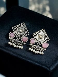 Traditional Silver Replica Stud Earrings | Best Light Weight Oxidised Jewelry - Color: "Babypink"