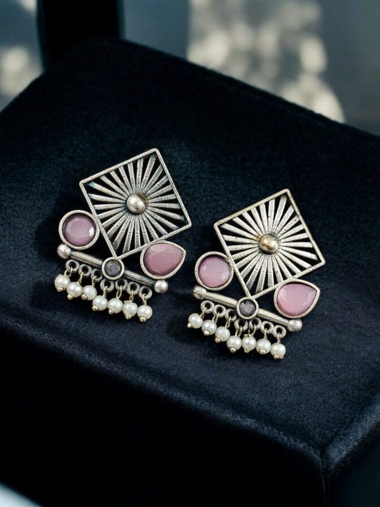 Bulk 520 Traditional Silver Replica Stud Earrings | Best Light Weight Oxidised Jewelry - "Babypink"