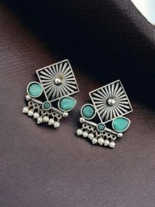 Traditional Silver Replica Stud Earrings | Best Light Weight Oxidised Jewelry - Color: "Mint"