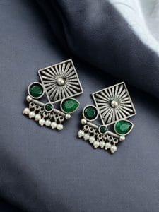 Traditional Silver Replica Stud Earrings | Best Light Weight Oxidised Jewelry - Color: "Green"