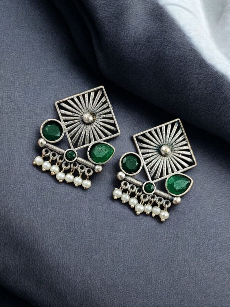 Bulk 526 Traditional Silver Replica Stud Earrings | Best Light Weight Oxidised Jewelry - "Green"