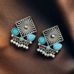Traditional Silver Replica Stud Earrings | Best Light Weight Oxidised Jewelry - "Turquoise"