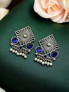 Traditional Silver Replica Stud Earrings | Best Light Weight Oxidised Jewelry - Color: "Blue"