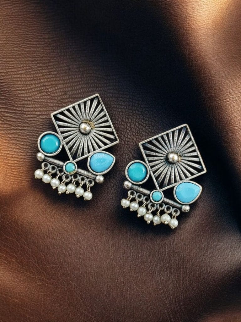Bulk 528 Traditional Silver Replica Stud Earrings | Best Light Weight Oxidised Jewelry - "Turquoise"