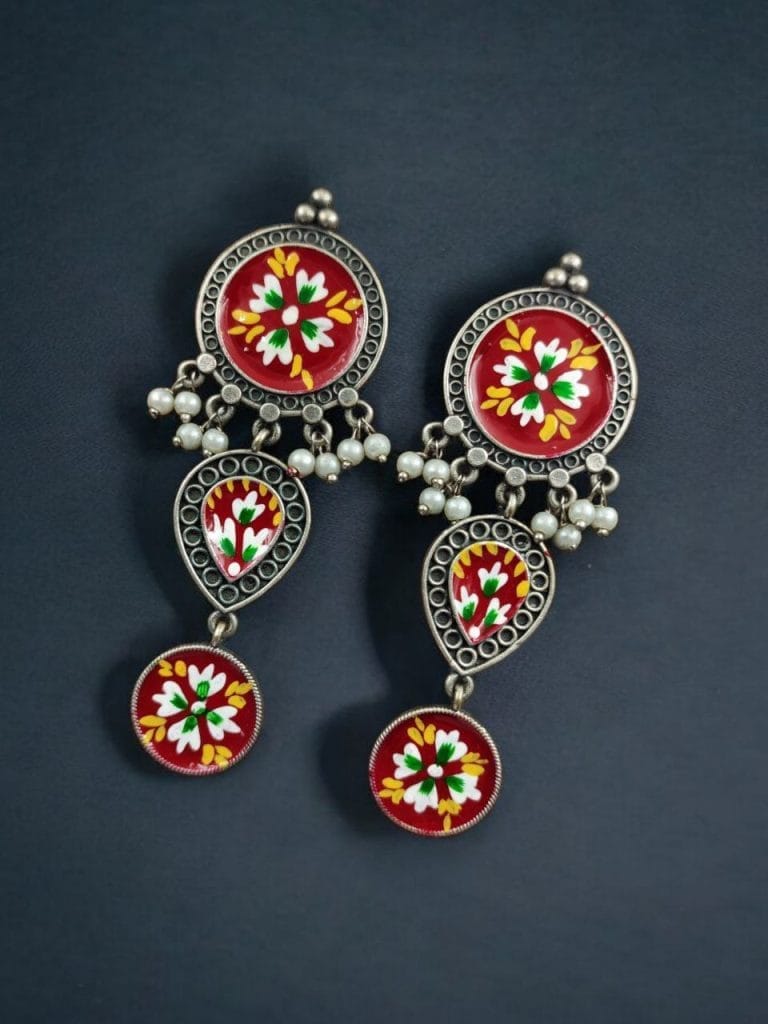 Bulk 514 Traditional Indian Art Painting Earrings | Best Hand-Paint Oxidized Silver Replica Earring - "Red"