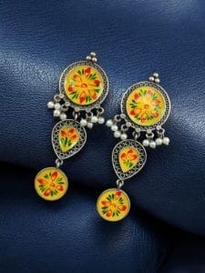 Traditional Indian Art Painting Earrings | Best Hand-Paint Oxidized Silver Replica Earring - Color: "Yellow"