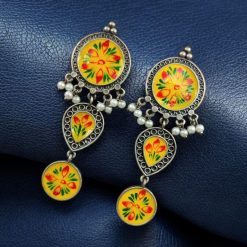 Traditional Indian Art Painting Earrings | Hand-Paint Oxidized Silver Replica Earring