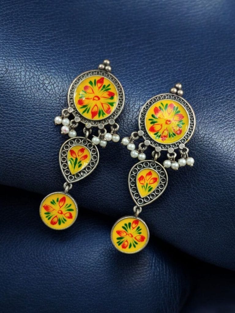 Bulk 512 Traditional Indian Art Painting Earrings | Best Hand-Paint Oxidized Silver Replica Earring - "Yellow"