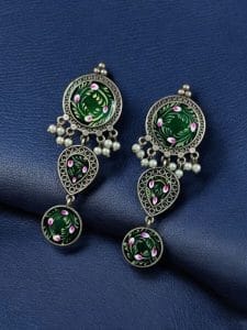 Traditional Indian Art Painting Earrings | Best Hand-Paint Oxidized Silver Replica Earring - Color: "Green"
