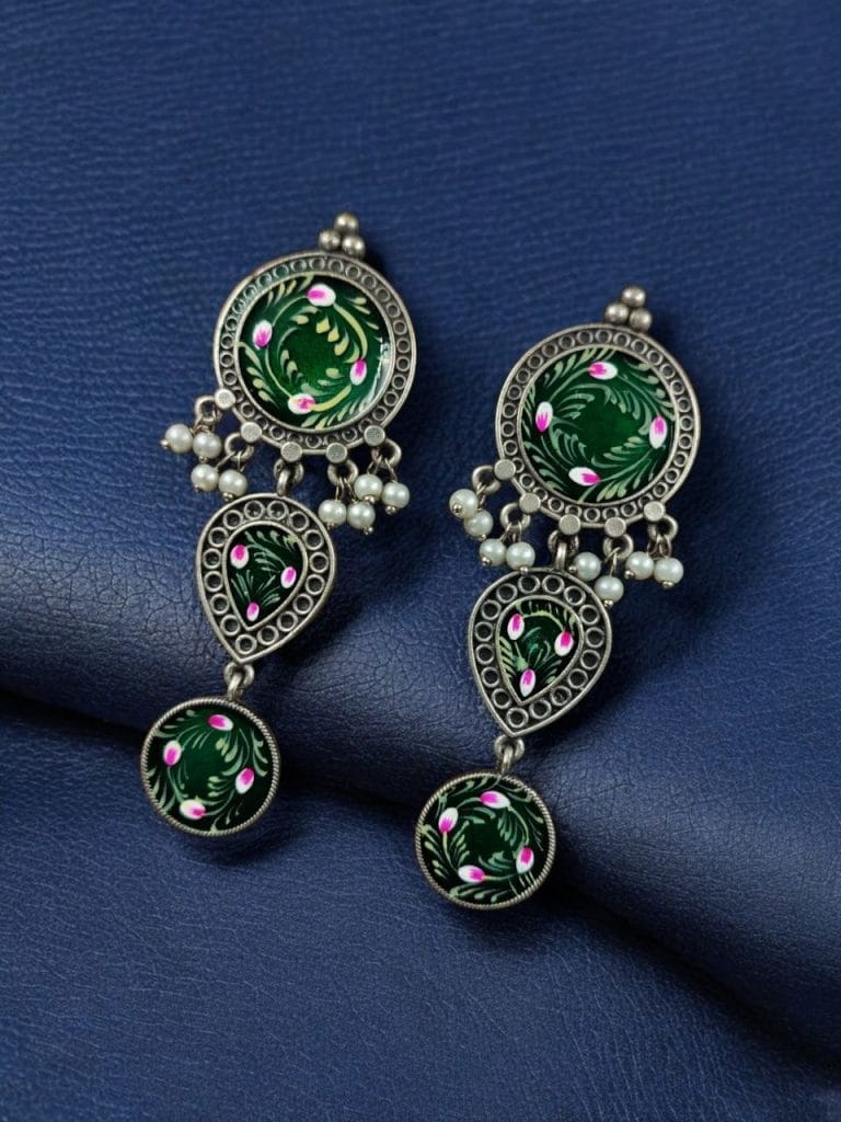 Bulk 510 Traditional Indian Art Painting Earrings | Best Hand-Paint Oxidized Silver Replica Earring - "Green"