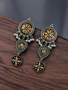 Traditional Indian Art Painting Earrings | Best Hand-Paint Oxidized Silver Replica Earring - Color: "Black"