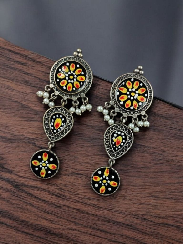 Bulk 508 Traditional Indian Art Painting Earrings | Best Hand-Paint Oxidized Silver Replica Earring - "Black"