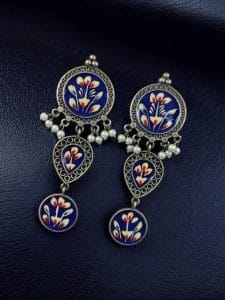 Traditional Indian Art Painting Earrings | Best Hand-Paint Oxidized Silver Replica Earring - Color: "Blue"