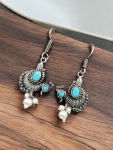 Silver Replica Peacock Hook Earrings | Best Daily Wear Oxidized Jewelry For Girls - Color: "Aqua"