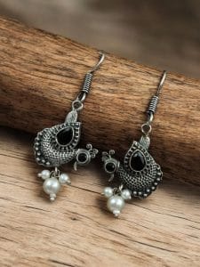 Silver Replica Peacock Hook Earrings | Best Daily Wear Oxidized Jewelry For Girls - Color: "Black"