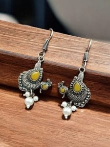 Silver Replica Peacock Hook Earrings | Best Daily Wear Oxidized Jewelry For Girls - Color: "Yellow"