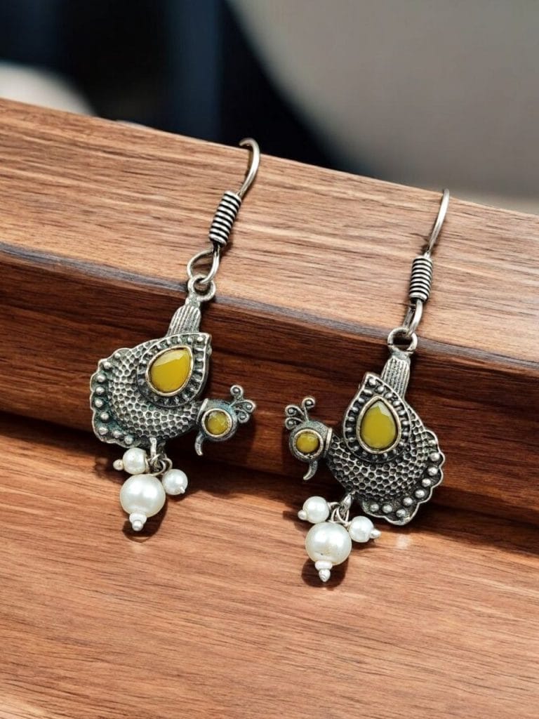 Bulk 484 Silver Replica Peacock Hook Earrings | Best Daily Wear Oxidized Jewelry For Girls - "Yellow"