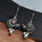 Silver Replica Peacock Hook Earrings | Best Daily Wear Oxidized Jewelry For Girls - "Babypink"