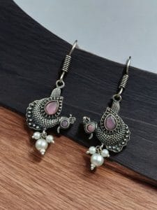 Silver Replica Peacock Hook Earrings | Best Daily Wear Oxidized Jewelry For Girls - Color: "Babypink"