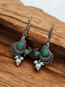 Silver Replica Peacock Hook Earrings | Best Daily Wear Oxidized Jewelry For Girls - Color: "Mint"