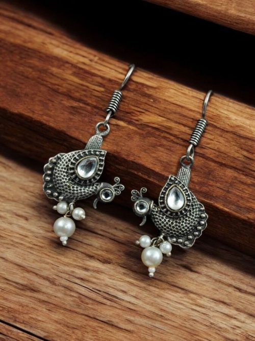 Silver Replica Peacock Hook Earrings | Daily Wear Oxidized Jewelry For Girls