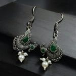 Silver Replica Peacock Hook Earrings | Best Daily Wear Oxidized Jewelry For Girls - "Green"