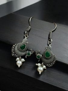 Silver Replica Peacock Hook Earrings | Best Daily Wear Oxidized Jewelry For Girls - Color: "Green"
