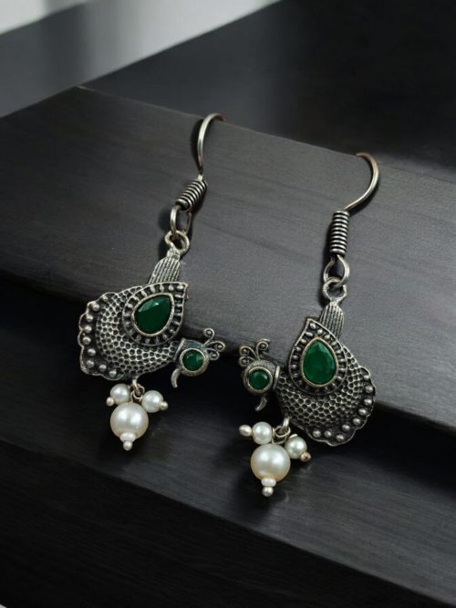 Silver Replica Peacock Hook Earrings | Daily Wear Oxidized Jewelry For Girls