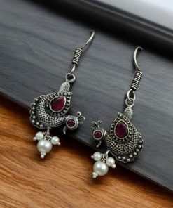 Silver Replica Peacock Hook Earrings | Daily Wear Oxidized Jewelry For Girls