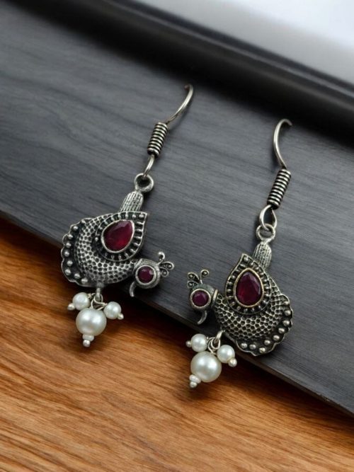 Silver Replica Peacock Hook Earrings | Daily Wear Oxidized Jewelry For Girls