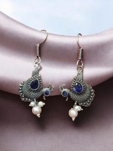 Silver Replica Peacock Hook Earrings | Best Daily Wear Oxidized Jewelry For Girls - Color: "Blue"