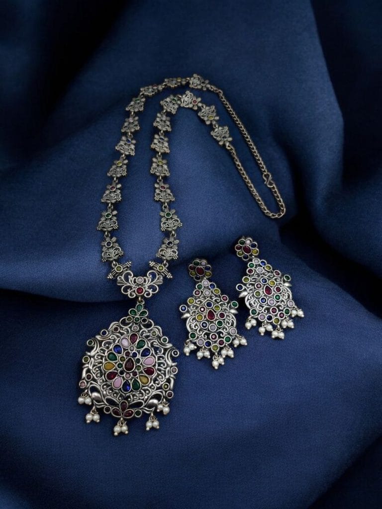 Bulk 480 Silver Replica Long Haram Necklace Set | Best Traditional heritage Look Oxidized Jewelry - "Multi"