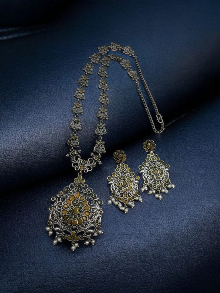 Bulk 472 Silver Replica Long Haram Necklace Set | Best Traditional heritage Look Oxidized Jewelry - "Yellow"