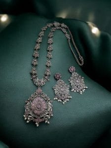 Silver Replica Long Haram Necklace Set | Best Traditional heritage Look Oxidized Jewelry - Color: "Babypink"