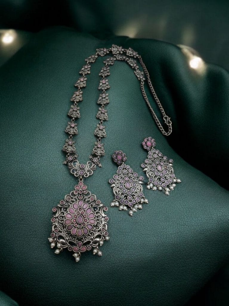 Bulk 468 Silver Replica Long Haram Necklace Set | Best Traditional heritage Look Oxidized Jewelry - "Babypink"
