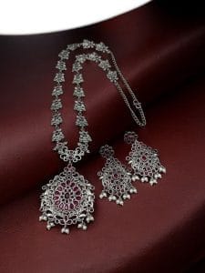 Silver Replica Long Haram Necklace Set | Best Traditional heritage Look Oxidized Jewelry - Color: "Red"