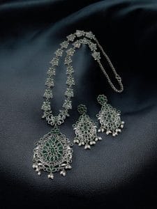 Silver Replica Long Haram Necklace Set | Best Traditional heritage Look Oxidized Jewelry - Color: "Green"