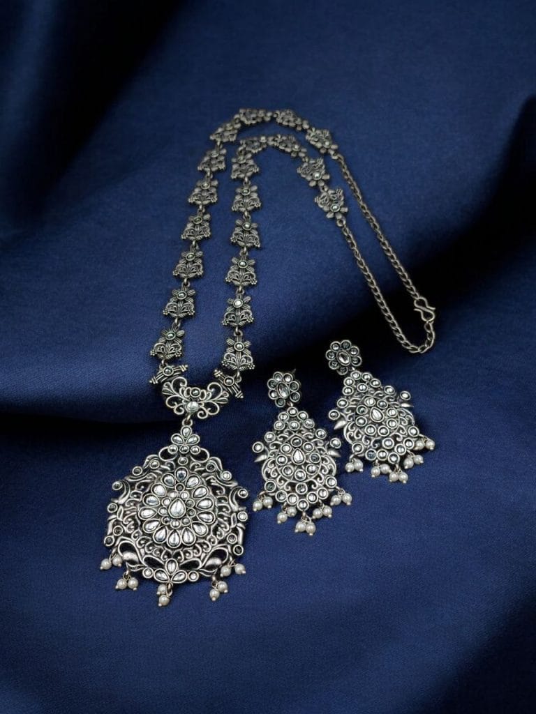 Bulk 476 Silver Replica Long Haram Necklace Set | Best Traditional heritage Look Oxidized Jewelry - "White"