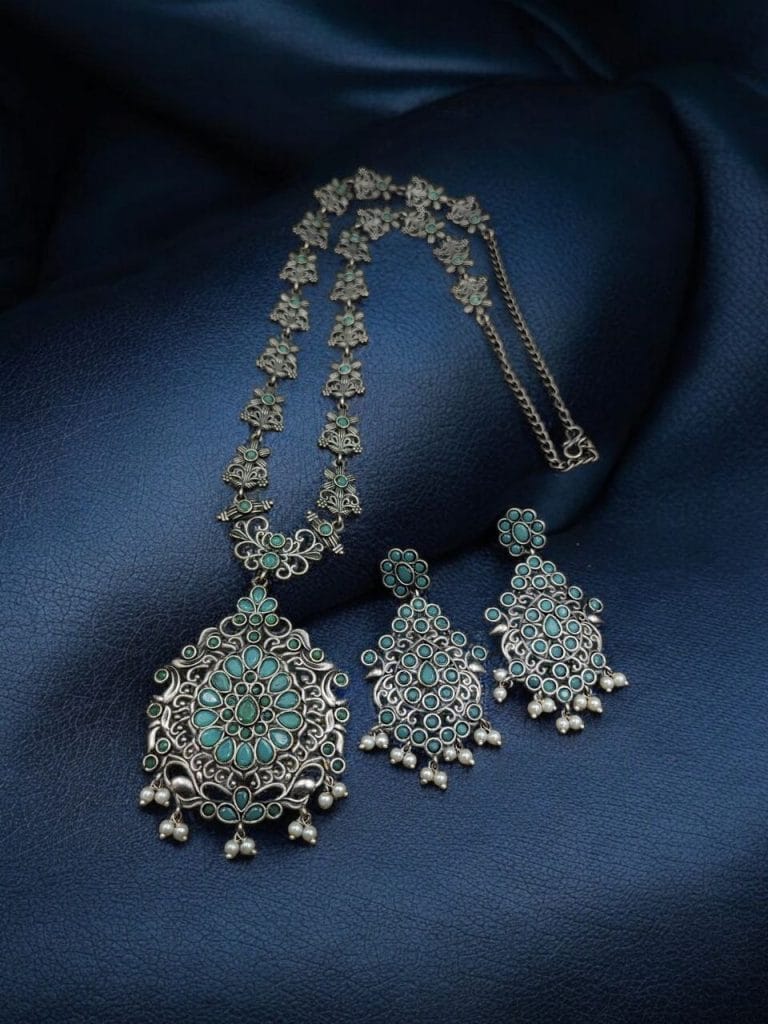Bulk 474 Silver Replica Long Haram Necklace Set | Best Traditional heritage Look Oxidized Jewelry - "Mint"
