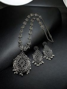 Silver Replica Long Haram Necklace Set | Best Traditional heritage Look Oxidized Jewelry - Color: "Black"