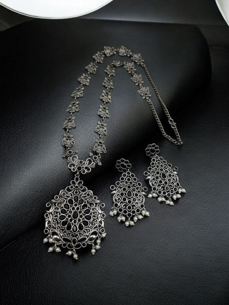 Bulk 478 Silver Replica Long Haram Necklace Set | Best Traditional heritage Look Oxidized Jewelry - "Black"