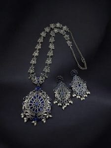Silver Replica Long Haram Necklace Set | Best Traditional heritage Look Oxidized Jewelry - Color: "Blue"