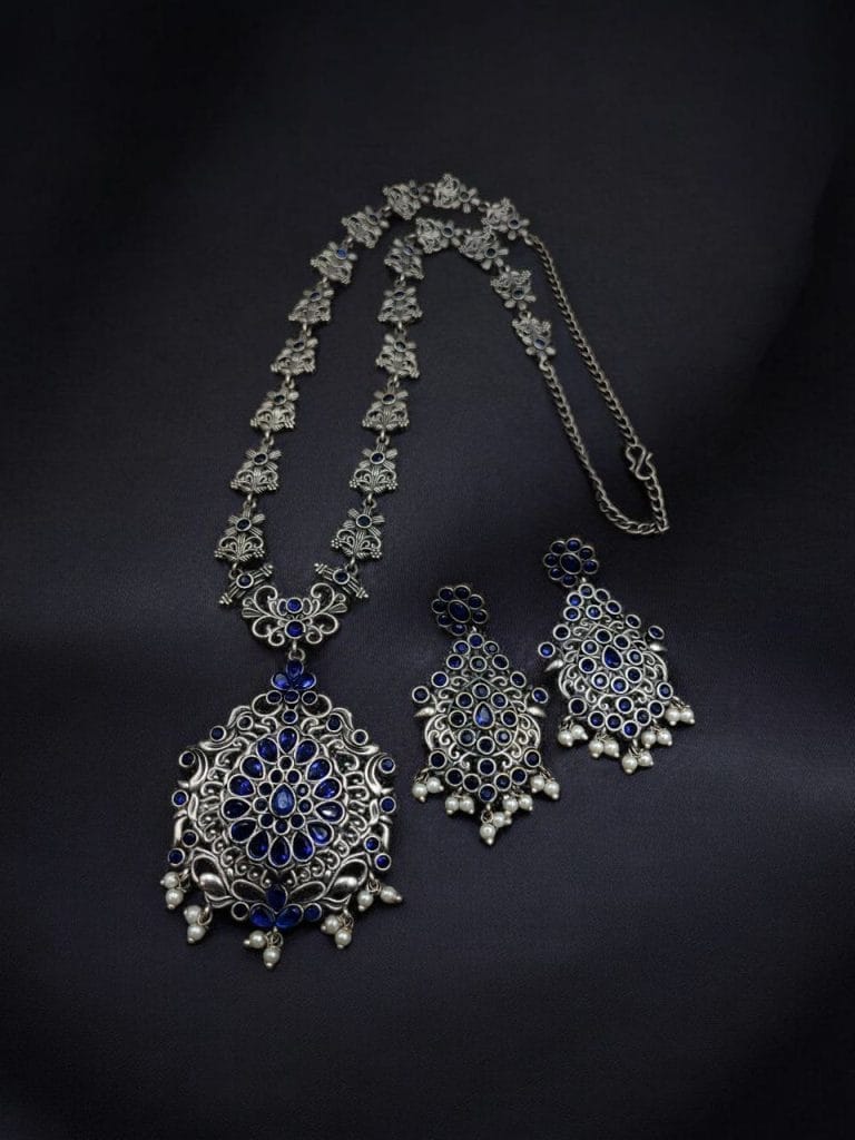 Bulk 470 Silver Replica Long Haram Necklace Set | Best Traditional heritage Look Oxidized Jewelry - "Blue"