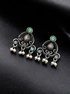 Oxidised German Silver Stud Earrings | Light Weight Best Jewelry For Girls - Color: "Mint"