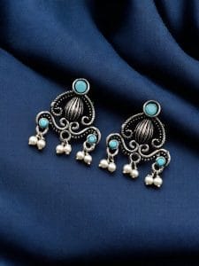 Oxidised German Silver Stud Earrings | Light Weight Best Jewelry For Girls - Color: "Aqua"