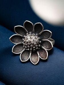 Oxidised Silver Look aLike Flower Design Ring | Best Antique Designer Rings For Girls
