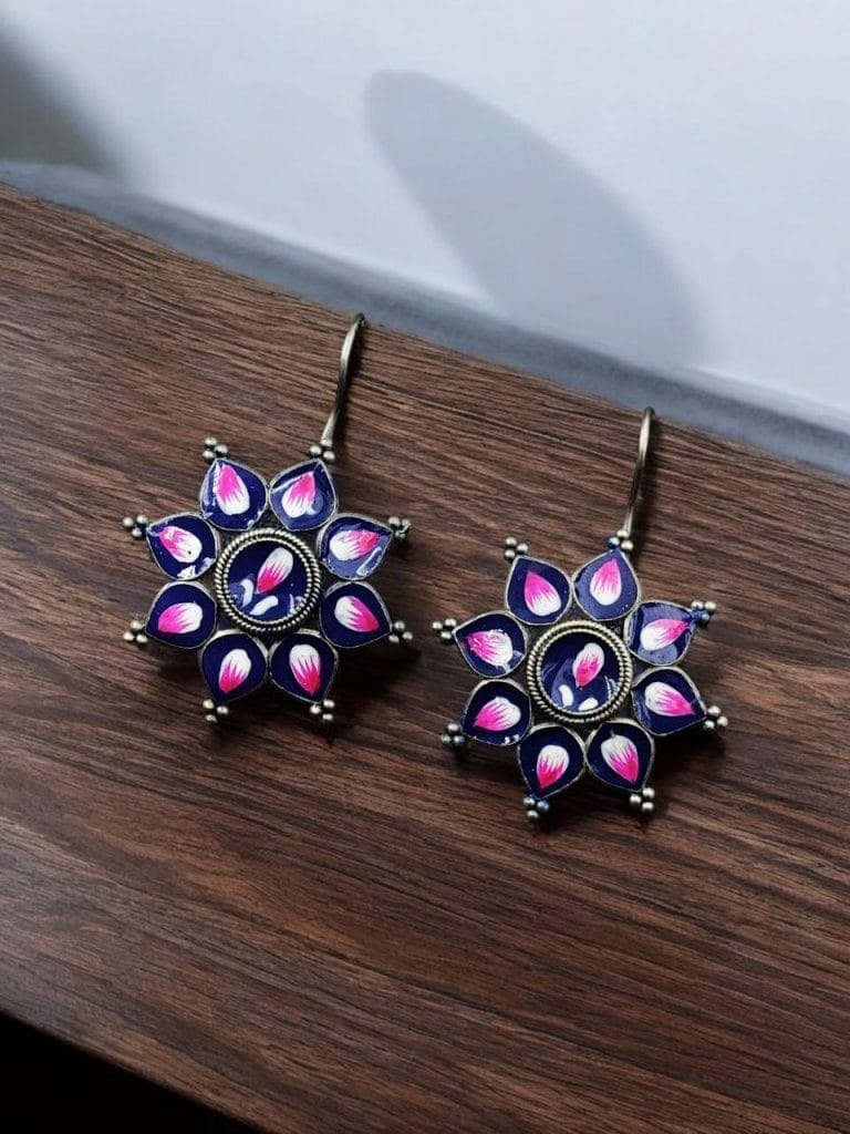 Bulk 436 Silver Replica hand-Painting Earrings | Best Oxidized Antique Design Hook Earring - "Blue"