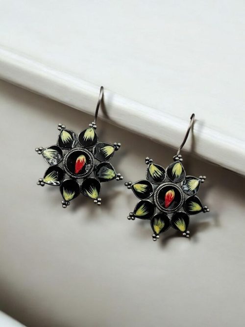 Silver Replica Hand-Painted Earrings | Best Oxidized Antique Design Hook Earring
