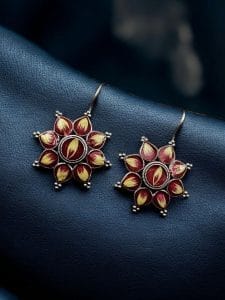 Silver Replica hand-Painting Earrings | Best Oxidized Antique Design Hook Earring - Color: "Red"