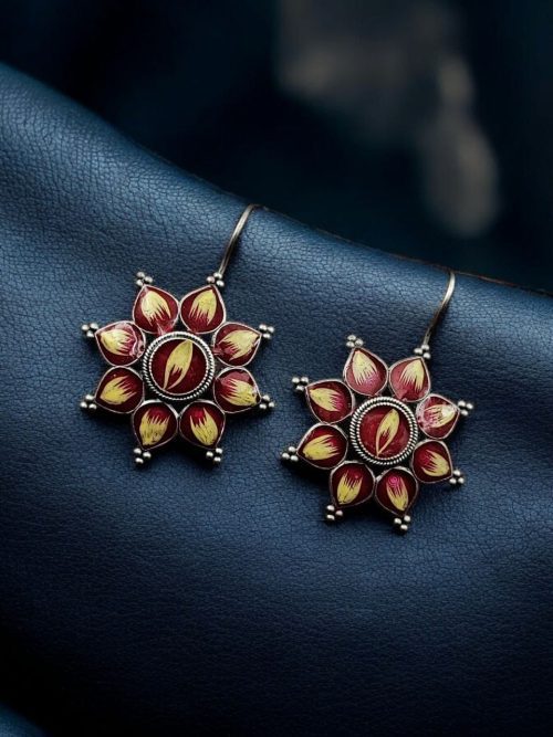 Silver Replica Hand-Painted Earrings | Best Oxidized Antique Design Hook Earring